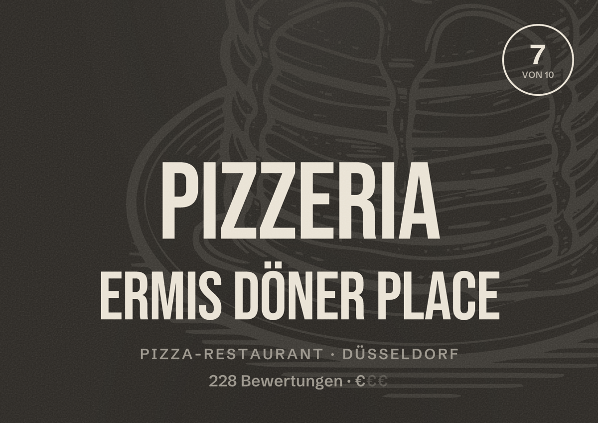 Illustriertes Poster von Pizzeria Ermis Döner Place, Pizza-Restaurant in Düsseldorf: Bewertung 7,0 von 10 aus 228 Bewertungen, Preisniveau €