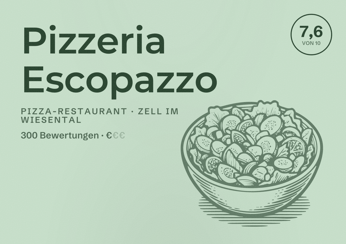 Illustriertes Poster von Pizzeria Escopazzo, Pizza-Restaurant in Zell im Wiesental: Bewertung 7,6 von 10 aus 300 Bewertungen, Preisniveau €