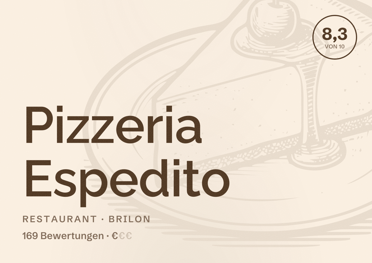 Illustriertes Poster von Pizzeria Espedito, Restaurant in Brilon: Bewertung 8,3 von 10 aus 169 Bewertungen, Preisniveau €