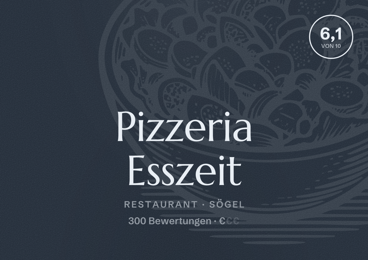 Illustriertes Poster von Pizzeria Esszeit, Restaurant in Sögel: Bewertung 6,1 von 10 aus 300 Bewertungen, Preisniveau €