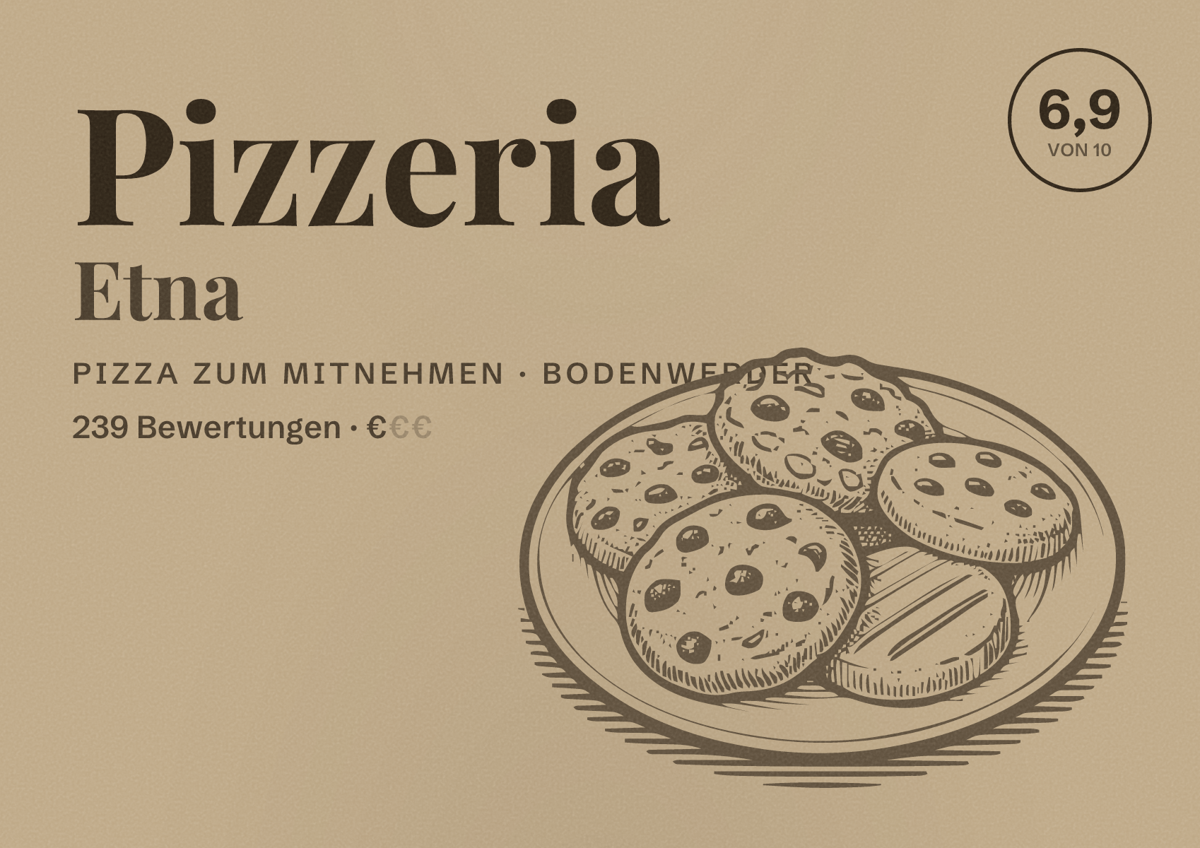 Illustriertes Poster von Pizzeria Etna, Pizza zum Mitnehmen in Bodenwerder: Bewertung 6,9 von 10 aus 239 Bewertungen, Preisniveau €
