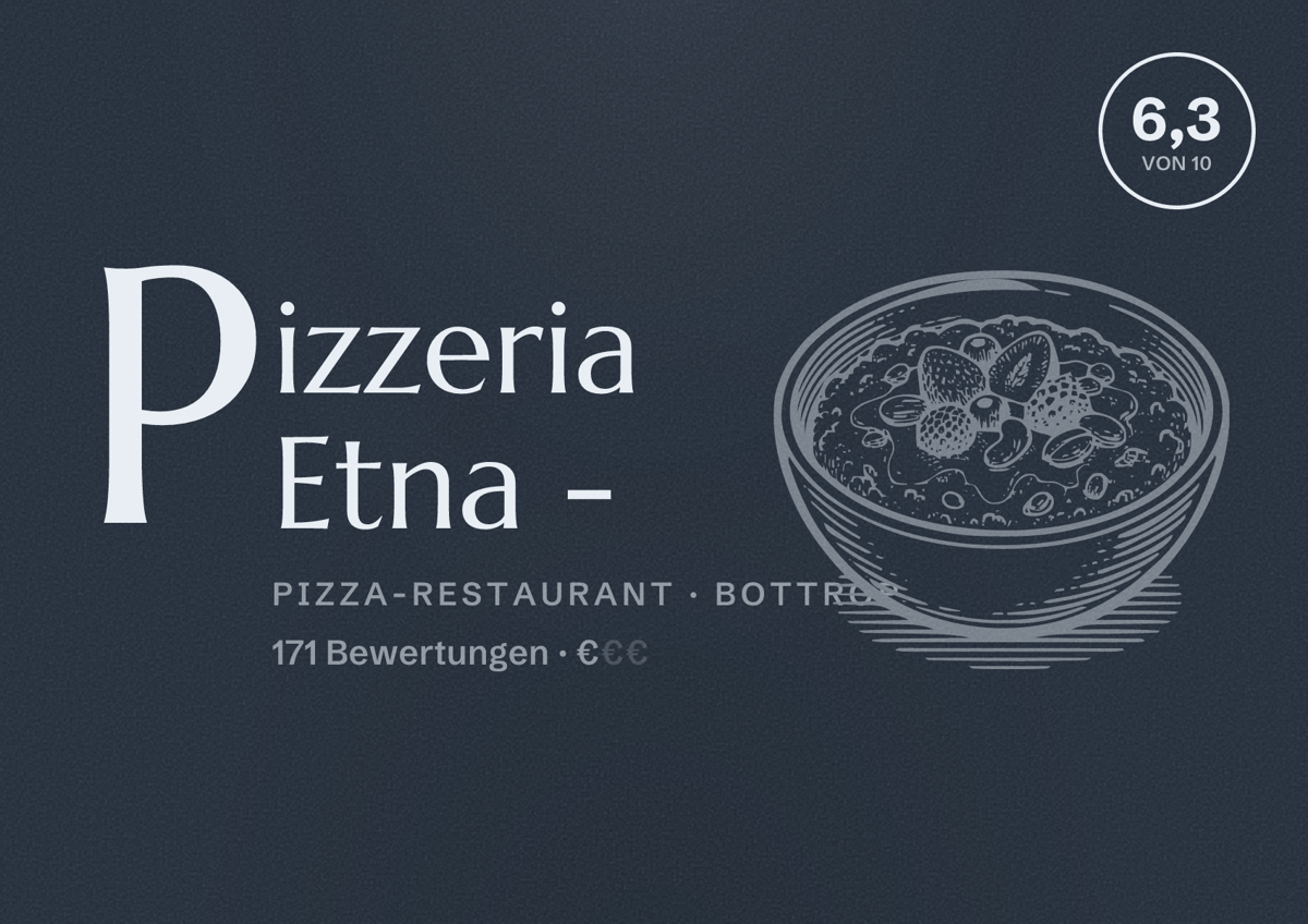 Illustriertes Poster von Pizzeria Etna -, Pizza-Restaurant in Bottrop: Bewertung 6,3 von 10 aus 171 Bewertungen, Preisniveau €