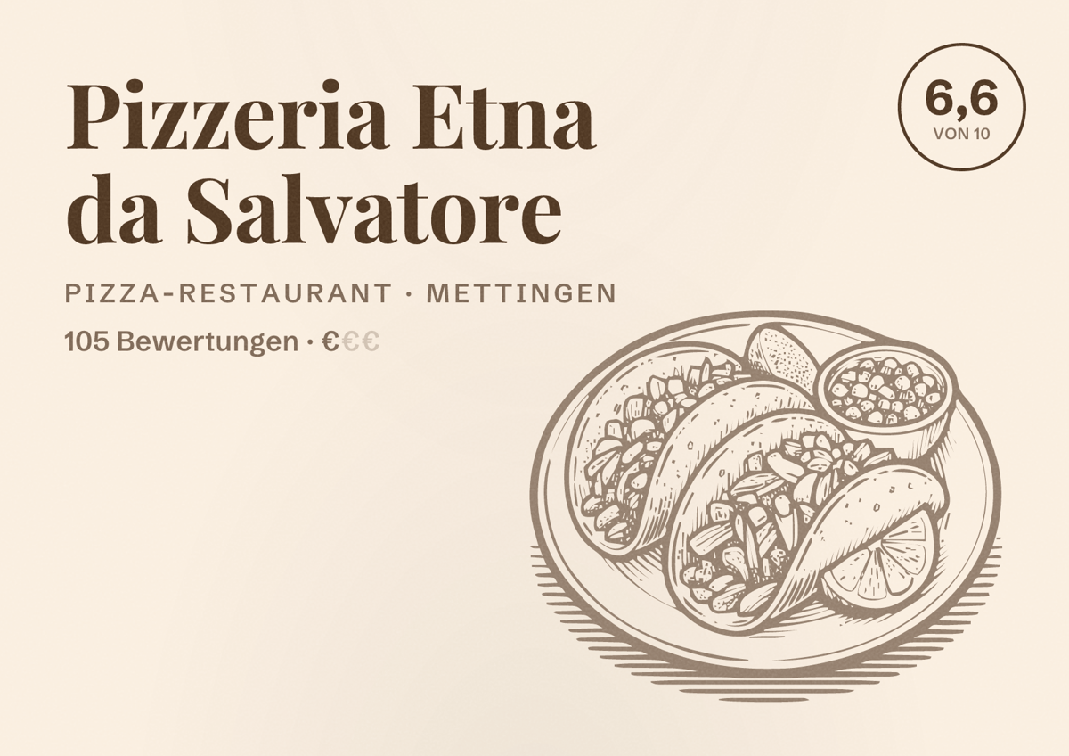 Illustriertes Poster von Pizzeria Etna da Salvatore, Pizza-Restaurant in Mettingen: Bewertung 6,6 von 10 aus 105 Bewertungen, Preisniveau €