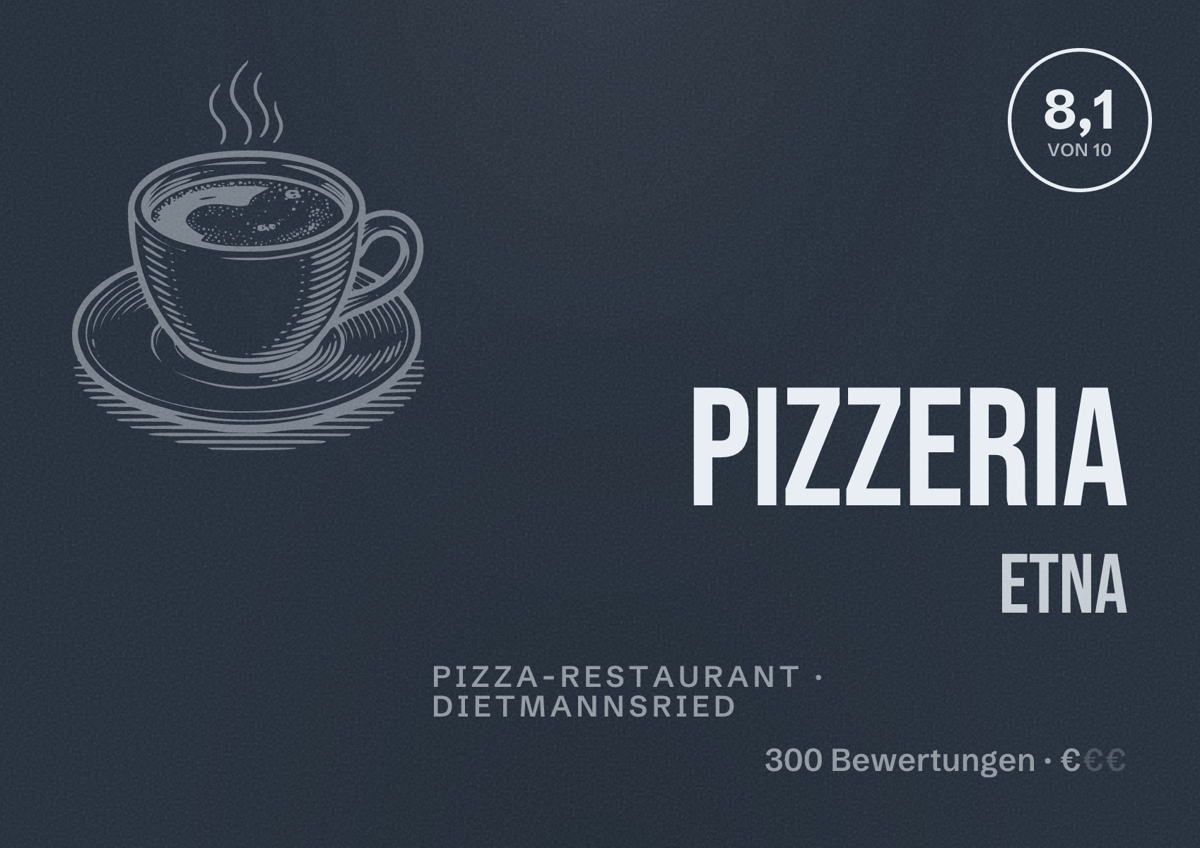 Illustriertes Poster von Pizzeria Etna, Pizza-Restaurant in Dietmannsried: Bewertung 8,1 von 10 aus 300 Bewertungen, Preisniveau €