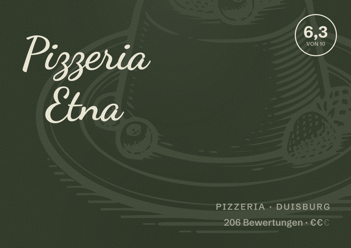 Illustriertes Poster von Pizzeria Etna, Pizzeria in Duisburg: Bewertung 6,3 von 10 aus 206 Bewertungen, Preisniveau €€