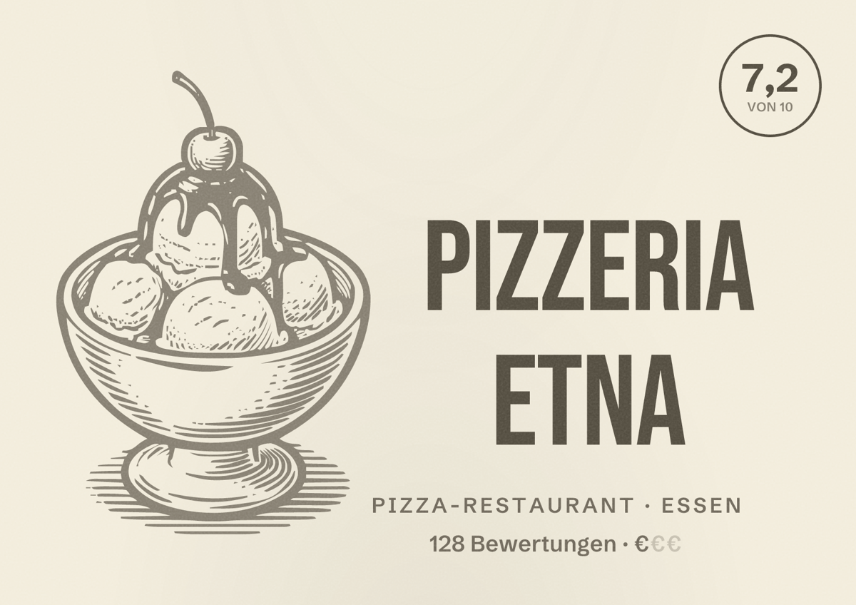 Illustriertes Poster von Pizzeria Etna, Pizza-Restaurant in Essen: Bewertung 7,2 von 10 aus 128 Bewertungen, Preisniveau €