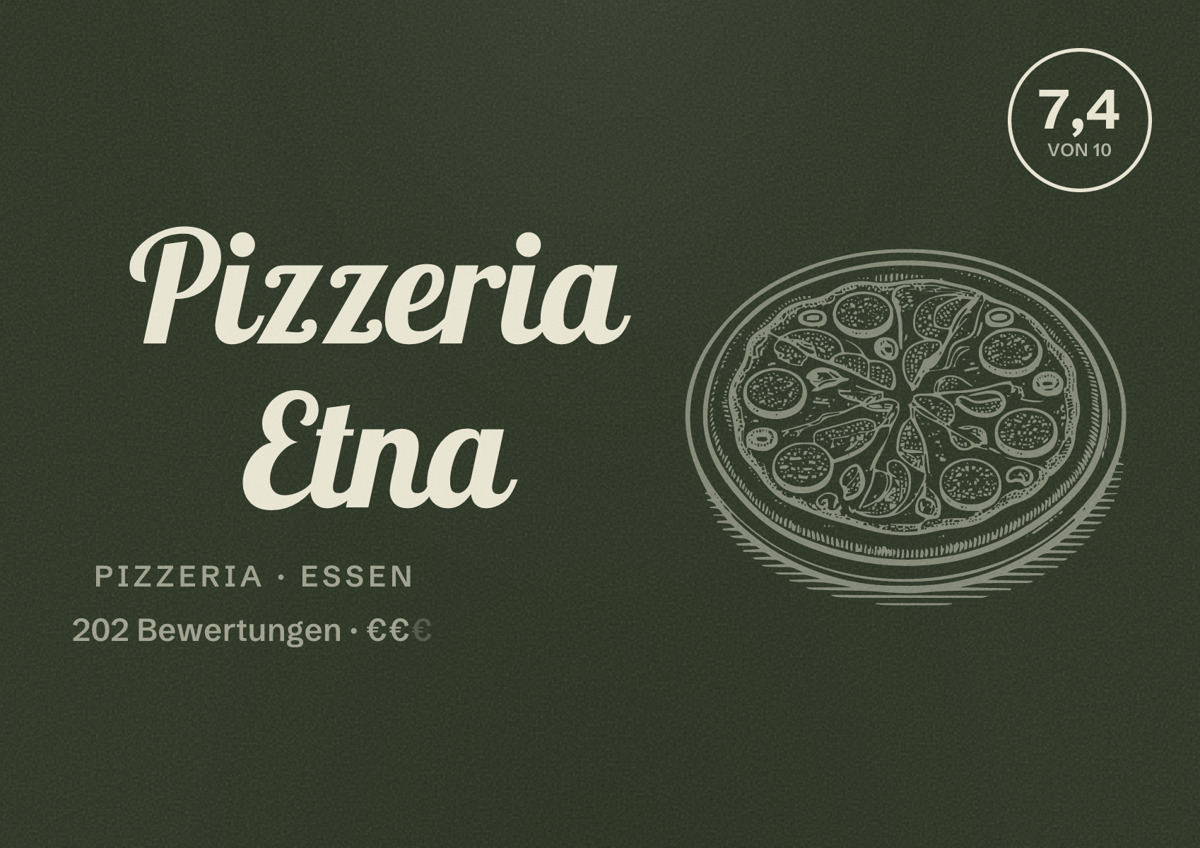 Illustriertes Poster von Pizzeria Etna, Pizzeria in Essen: Bewertung 7,4 von 10 aus 202 Bewertungen, Preisniveau €€