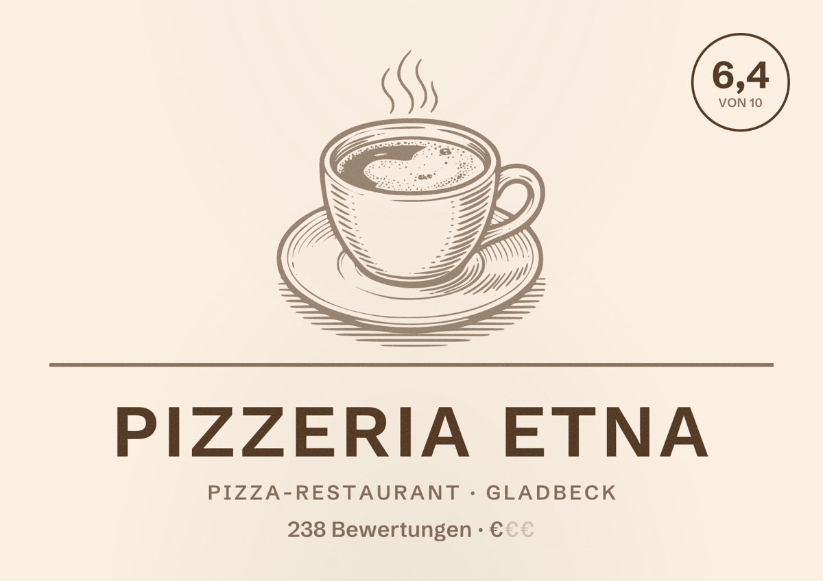Illustriertes Poster von Pizzeria Etna, Pizza-Restaurant in Gladbeck: Bewertung 6,4 von 10 aus 238 Bewertungen, Preisniveau €