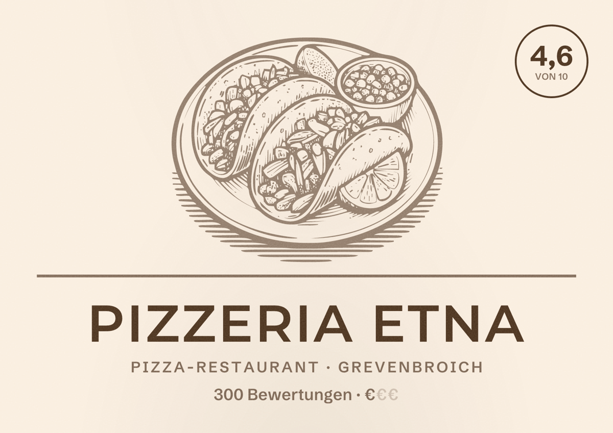 Illustriertes Poster von Pizzeria Etna, Pizza-Restaurant in Grevenbroich: Bewertung 4,6 von 10 aus 300 Bewertungen, Preisniveau €