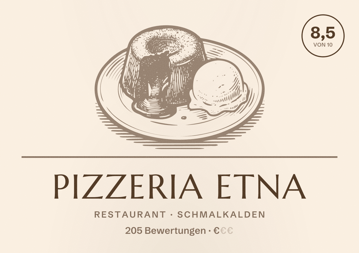 Illustriertes Poster von Pizzeria Etna, Restaurant in Schmalkalden: Bewertung 8,5 von 10 aus 205 Bewertungen, Preisniveau €