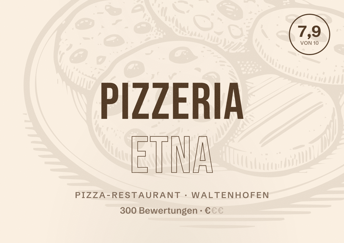 Illustriertes Poster von Pizzeria Etna, Pizza-Restaurant in Waltenhofen: Bewertung 7,9 von 10 aus 300 Bewertungen, Preisniveau €