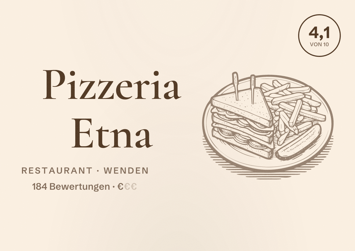 Illustriertes Poster von Pizzeria Etna, Restaurant in Wenden: Bewertung 4,1 von 10 aus 184 Bewertungen, Preisniveau €