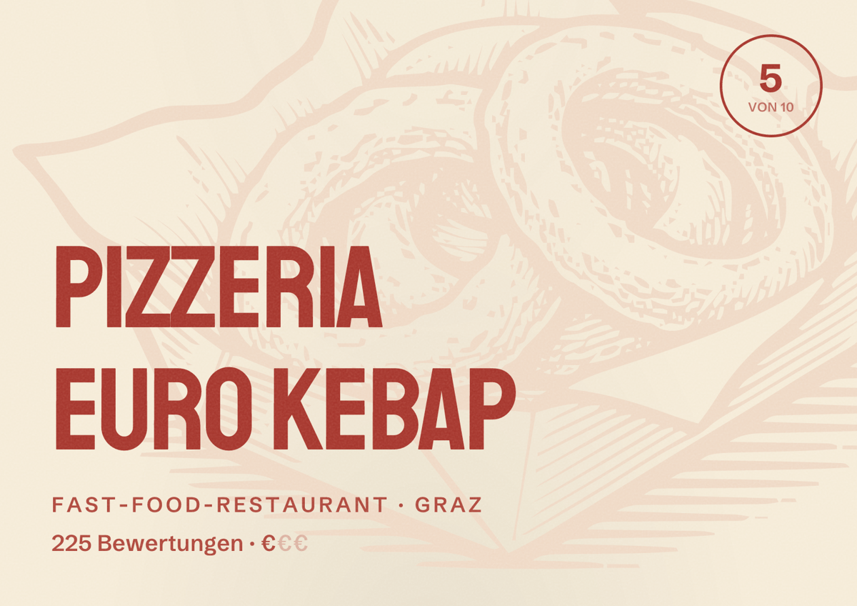 Illustriertes Poster von Pizzeria Euro Kebap, Fast-Food-Restaurant in Graz: Bewertung 5 von 10 aus 225 Bewertungen, Preisniveau €