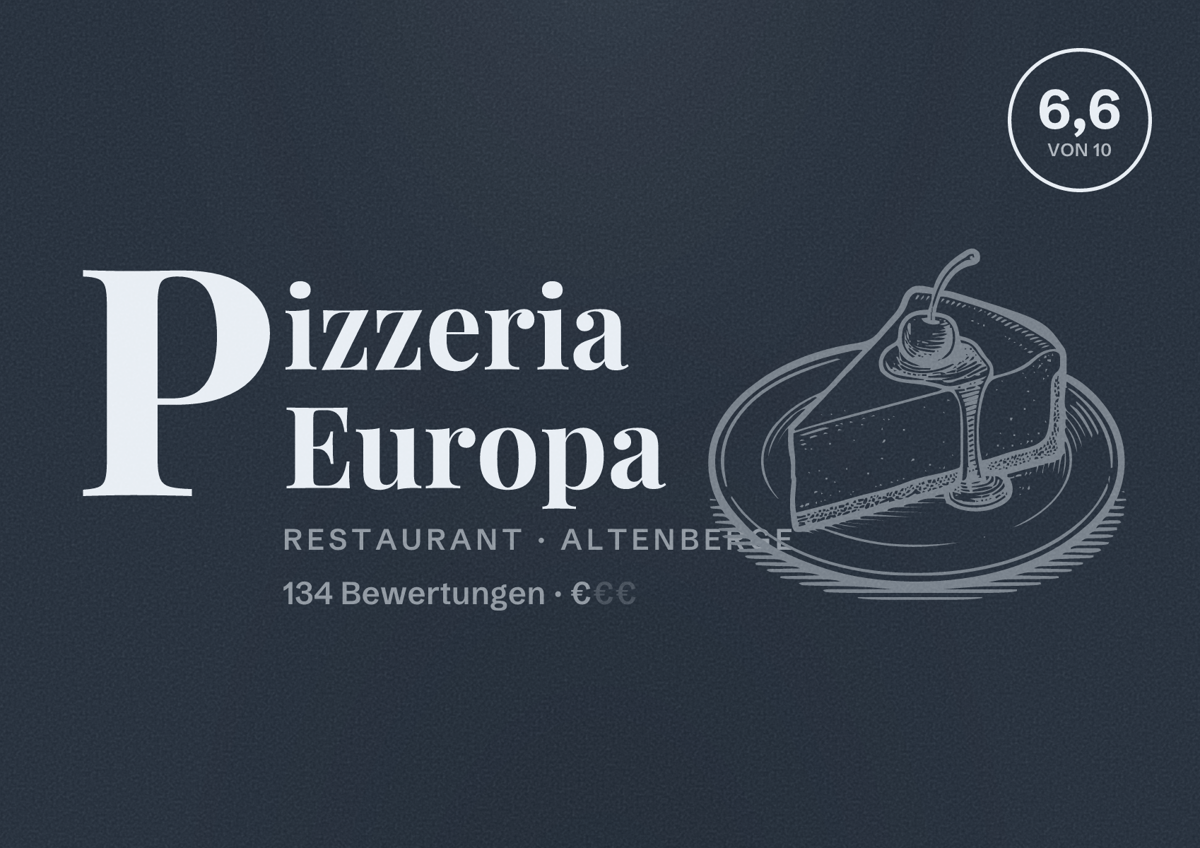Illustriertes Poster von Pizzeria Europa, Restaurant in Altenberge: Bewertung 6,6 von 10 aus 134 Bewertungen, Preisniveau €