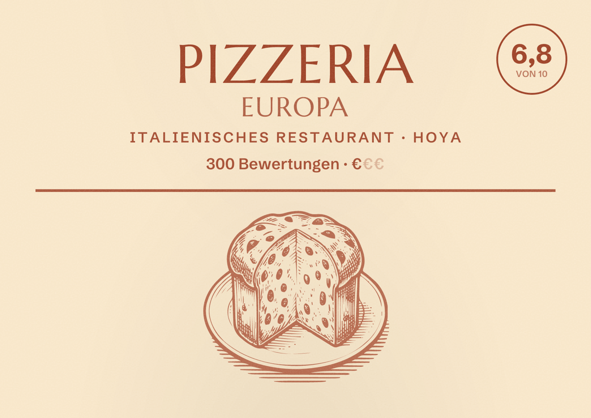 Illustriertes Poster von Pizzeria Europa, Italienisches Restaurant in Hoya: Bewertung 6,8 von 10 aus 300 Bewertungen, Preisniveau €