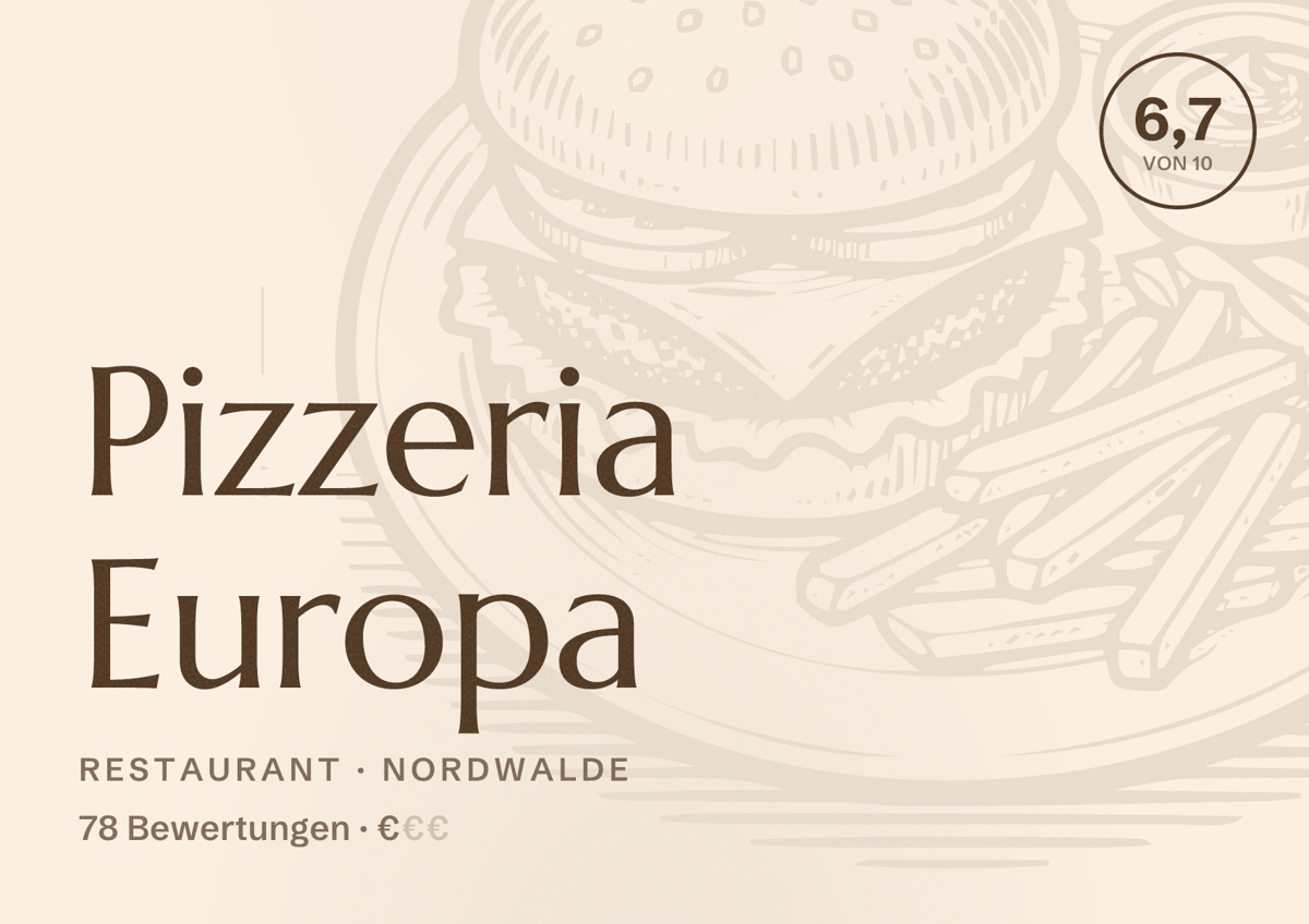 Illustriertes Poster von Pizzeria Europa, Restaurant in Nordwalde: Bewertung 6,7 von 10 aus 78 Bewertungen, Preisniveau €