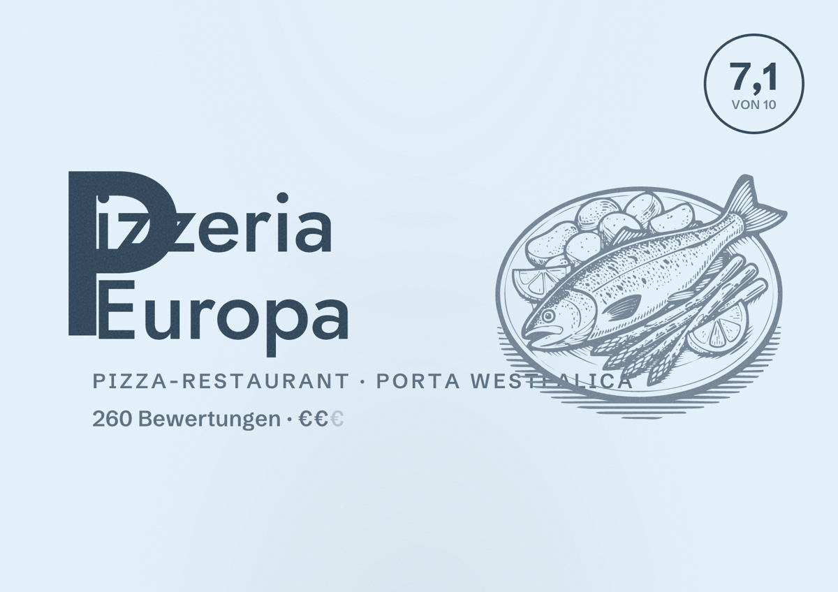 Illustriertes Poster von Pizzeria Europa, Pizza-Restaurant in Porta Westfalica: Bewertung 7,1 von 10 aus 260 Bewertungen, Preisniveau €€