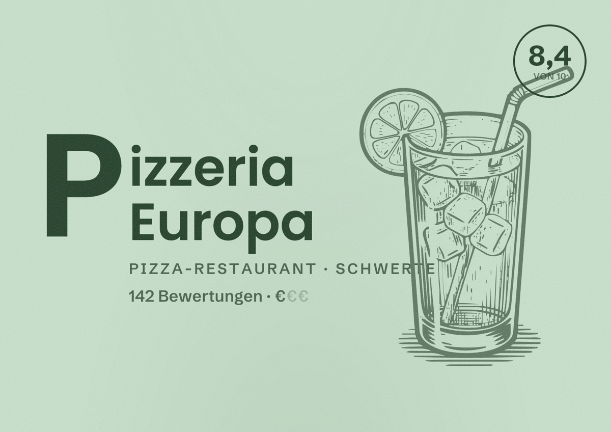 Illustriertes Poster von Pizzeria Europa, Pizza-Restaurant in Schwerte: Bewertung 8,4 von 10 aus 142 Bewertungen, Preisniveau €