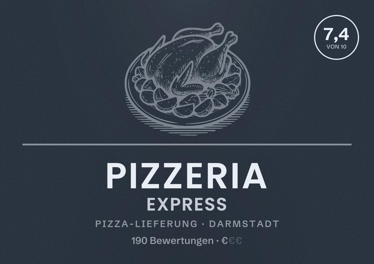Illustriertes Poster von Pizzeria Express, Pizza-Lieferung in Darmstadt: Bewertung 7,4 von 10 aus 190 Bewertungen, Preisniveau €