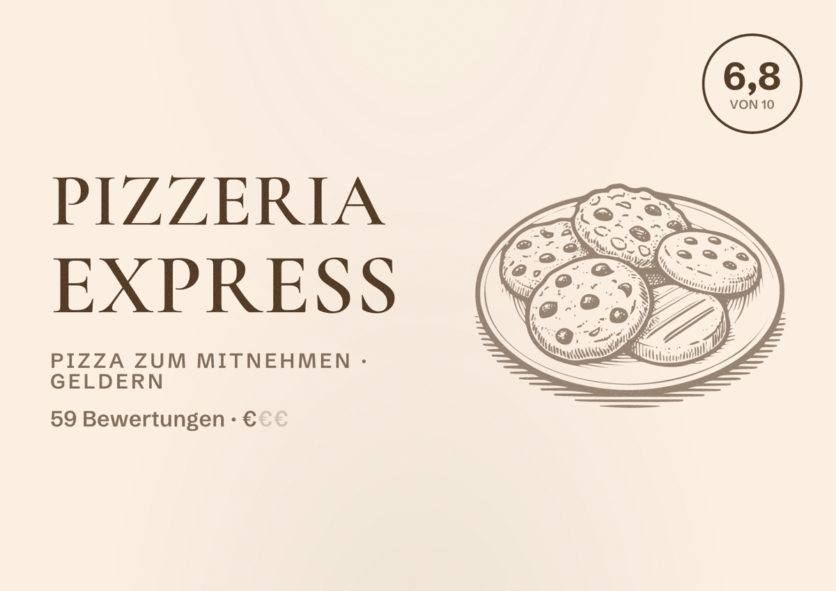 Illustriertes Poster von Pizzeria Express, Pizza zum Mitnehmen in Geldern: Bewertung 6,8 von 10 aus 59 Bewertungen, Preisniveau €