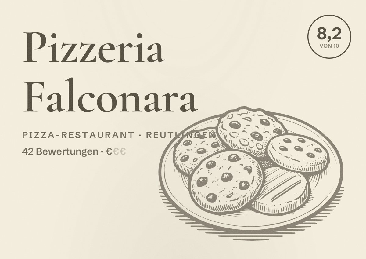 Illustriertes Poster von Pizzeria Falconara, Pizza-Restaurant in Reutlingen: Bewertung 8,2 von 10 aus 42 Bewertungen, Preisniveau €