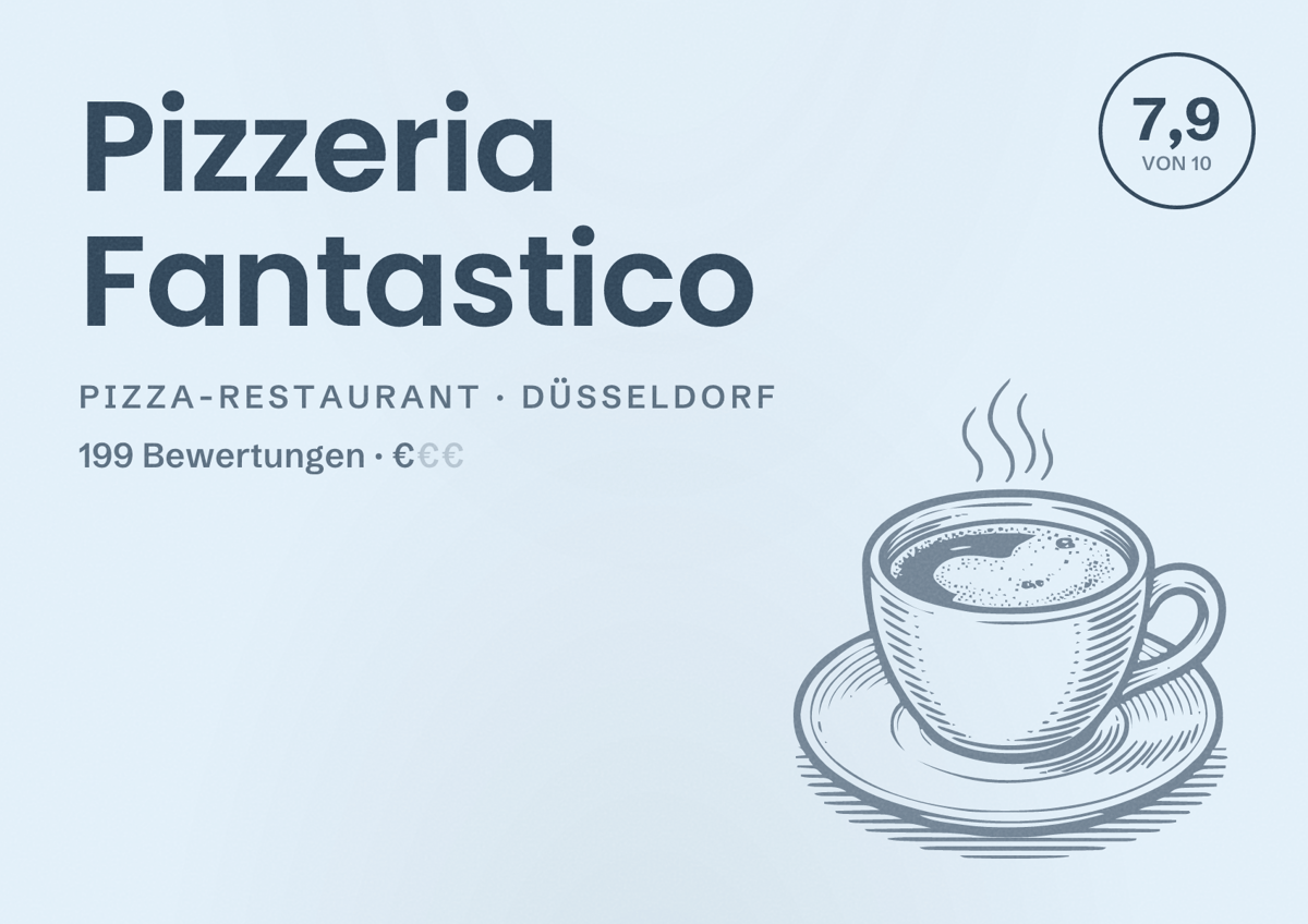Illustriertes Poster von Pizzeria Fantastico, Pizza-Restaurant in Düsseldorf: Bewertung 7,9 von 10 aus 199 Bewertungen, Preisniveau €