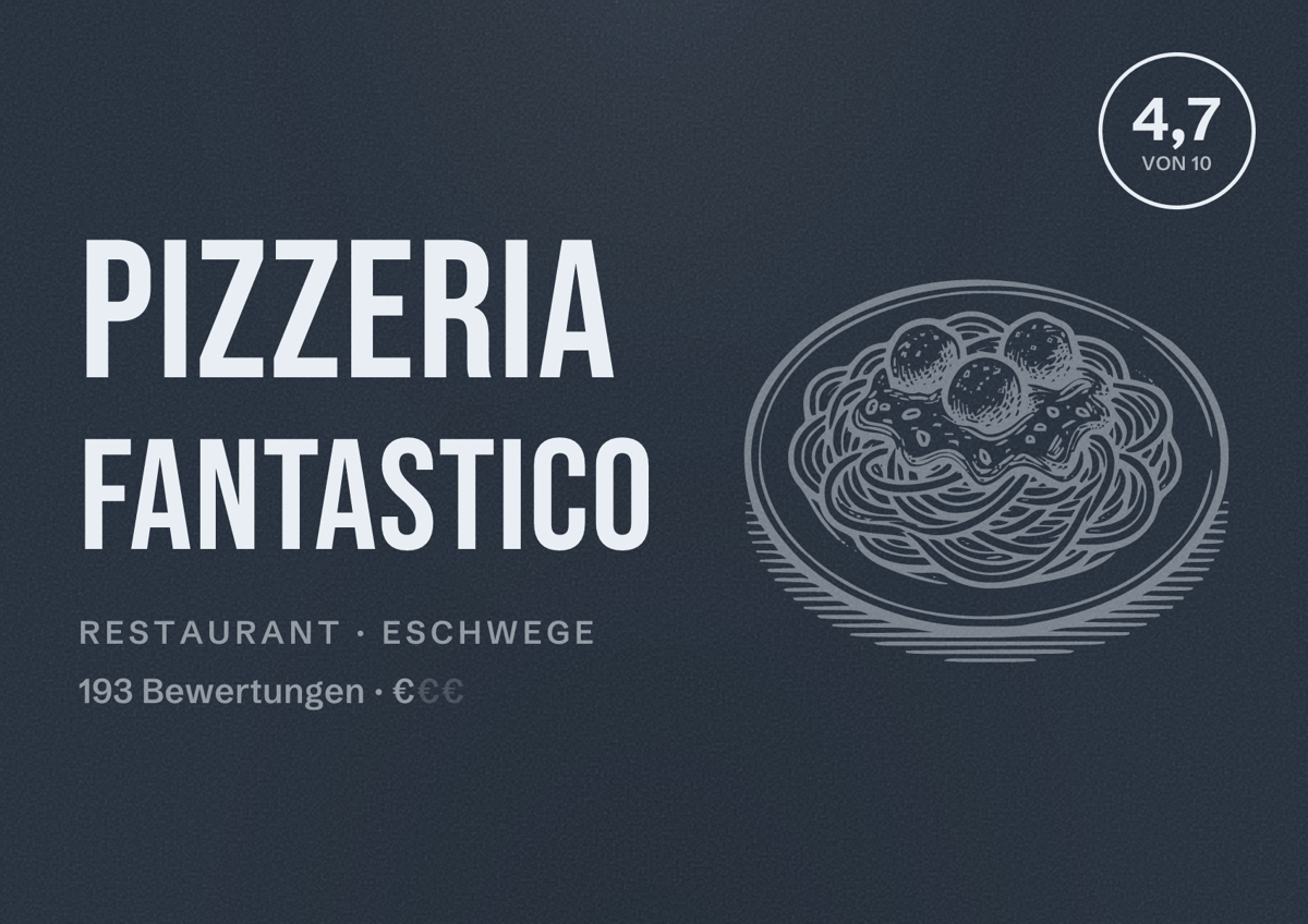 Illustriertes Poster von Pizzeria Fantastico, Restaurant in Eschwege: Bewertung 4,7 von 10 aus 193 Bewertungen, Preisniveau €