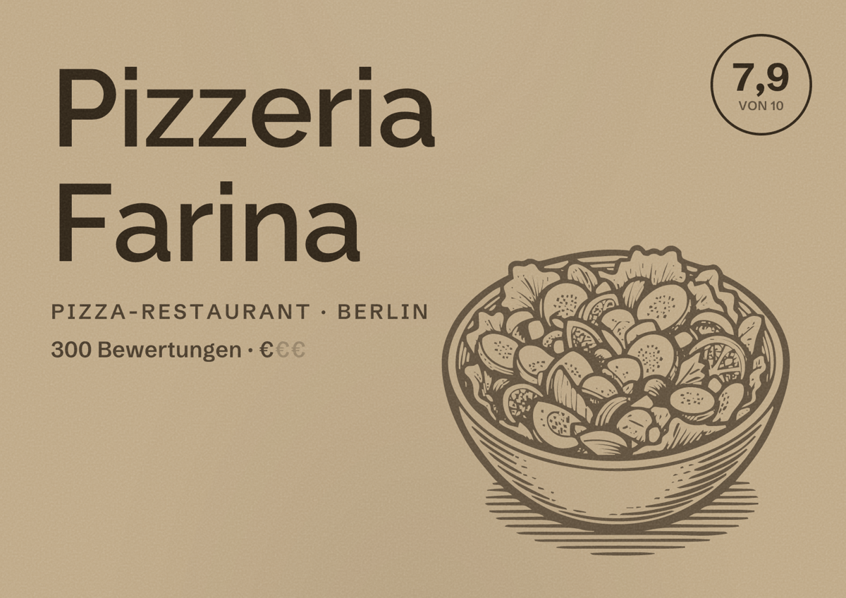 Illustriertes Poster von Pizzeria Farina, Pizza-Restaurant in Berlin: Bewertung 7,9 von 10 aus 300 Bewertungen, Preisniveau €