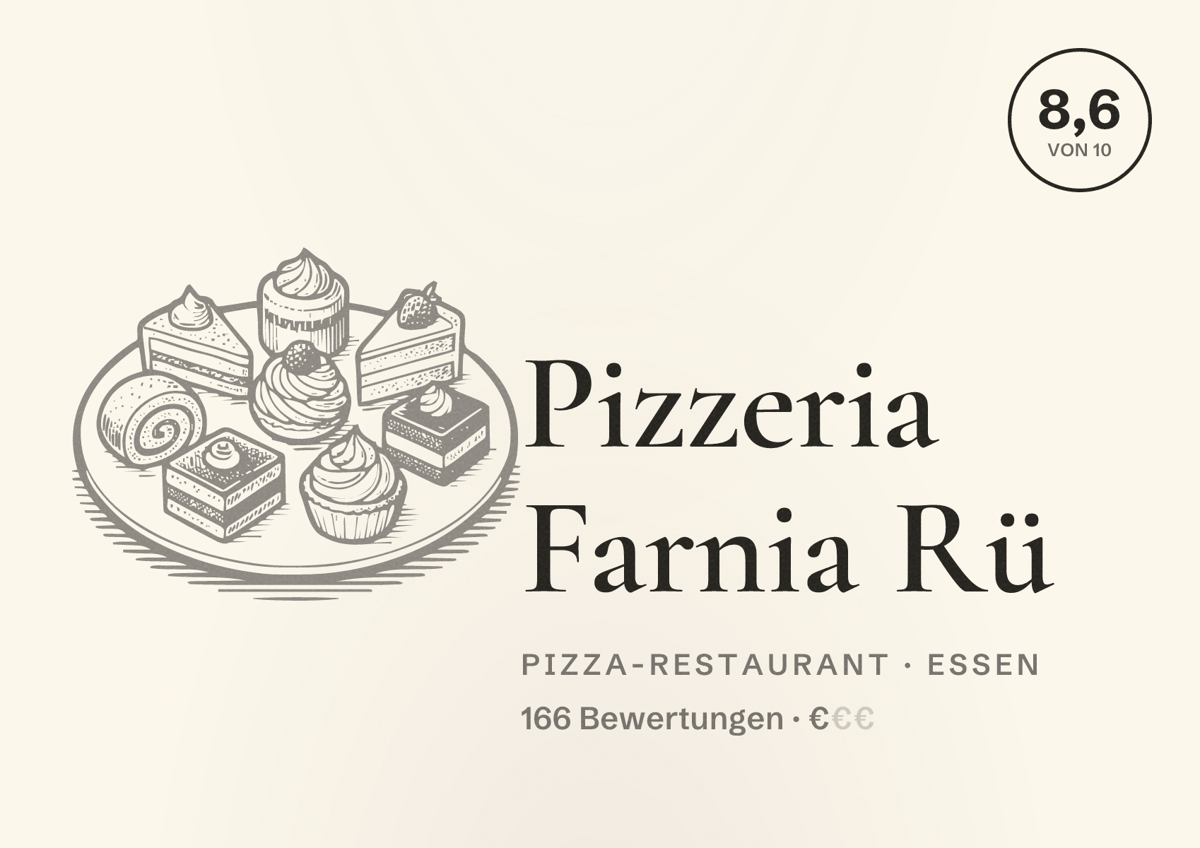 Illustriertes Poster von Pizzeria Farnia Rü, Pizza-Restaurant in Essen: Bewertung 8,6 von 10 aus 166 Bewertungen, Preisniveau €