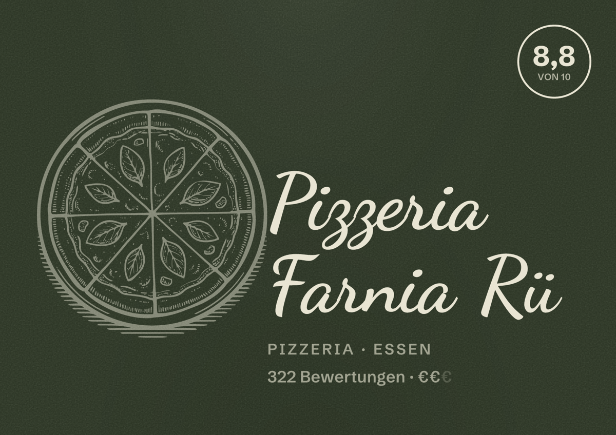 Illustriertes Poster von Pizzeria Farnia Rü, Pizzeria in Essen: Bewertung 8,8 von 10 aus 322 Bewertungen, Preisniveau €€