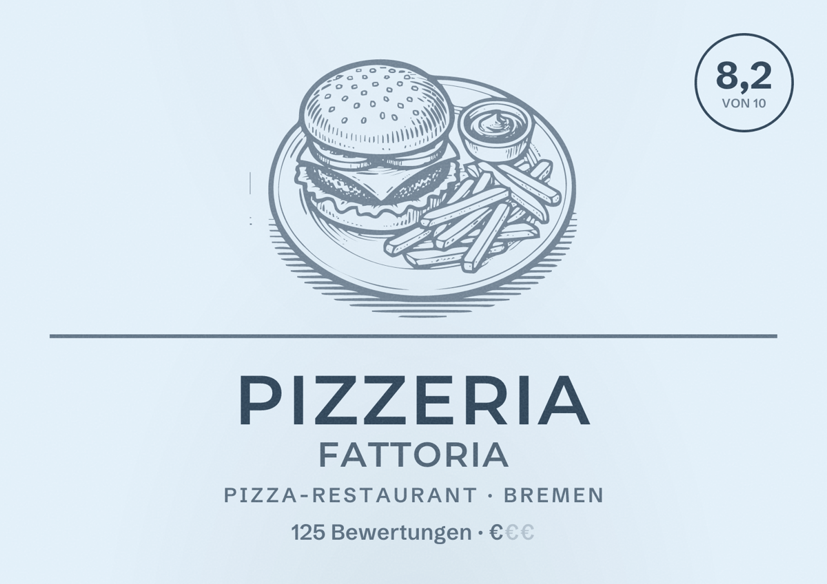 Illustriertes Poster von Pizzeria Fattoria, Pizza-Restaurant in Bremen: Bewertung 8,2 von 10 aus 125 Bewertungen, Preisniveau €