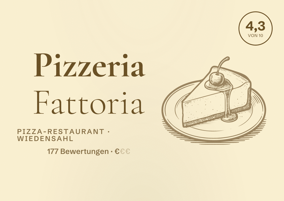 Illustriertes Poster von Pizzeria Fattoria, Pizza-Restaurant in Wiedensahl: Bewertung 4,3 von 10 aus 177 Bewertungen, Preisniveau €