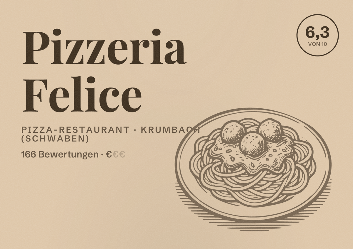 Illustriertes Poster von Pizzeria Felice, Pizza-Restaurant in Krumbach (Schwaben): Bewertung 6,3 von 10 aus 166 Bewertungen, Preisniveau €