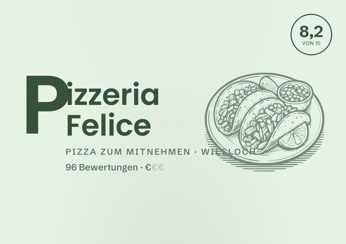 Illustriertes Poster von Pizzeria Felice, Pizza zum Mitnehmen in Wiesloch: Bewertung 8,2 von 10 aus 96 Bewertungen, Preisniveau €
