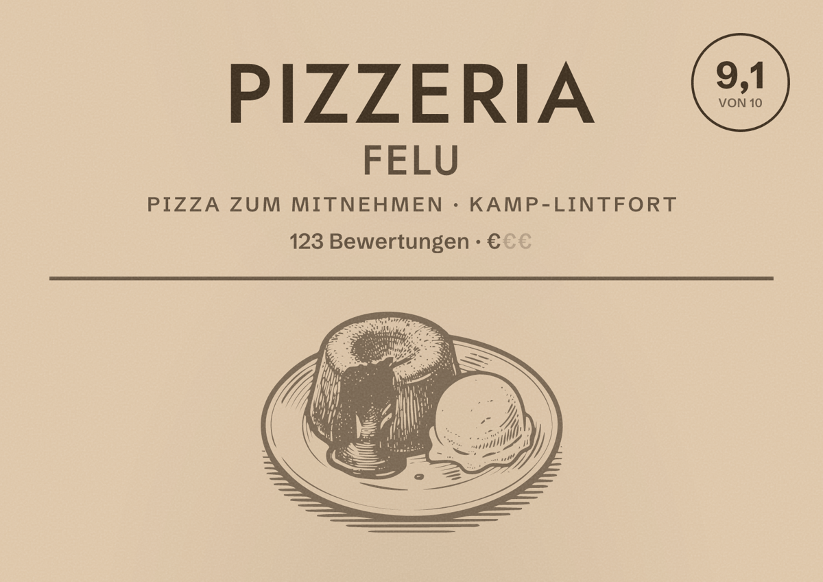 Illustriertes Poster von Pizzeria FeLu, Pizza zum Mitnehmen in Kamp-Lintfort: Bewertung 9,1 von 10 aus 123 Bewertungen, Preisniveau €