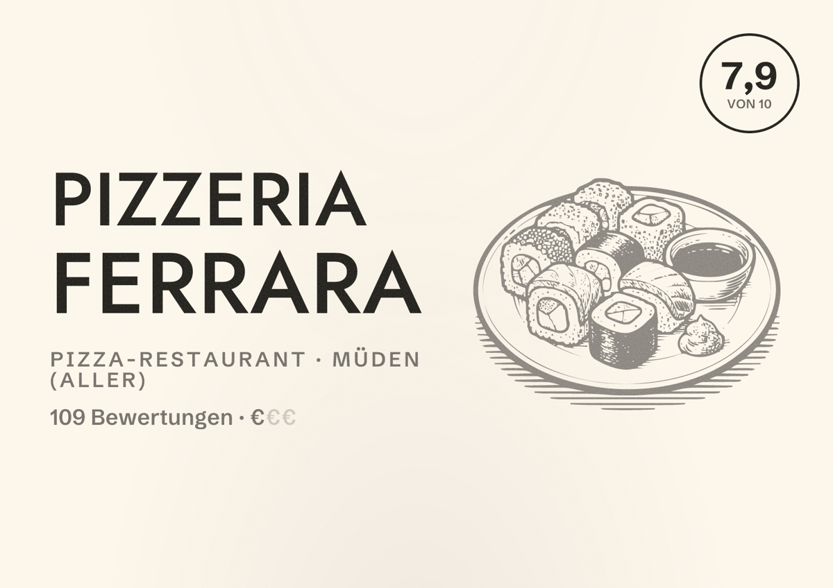 Illustriertes Poster von Pizzeria Ferrara, Pizza-Restaurant in Müden (Aller): Bewertung 7,9 von 10 aus 109 Bewertungen, Preisniveau €