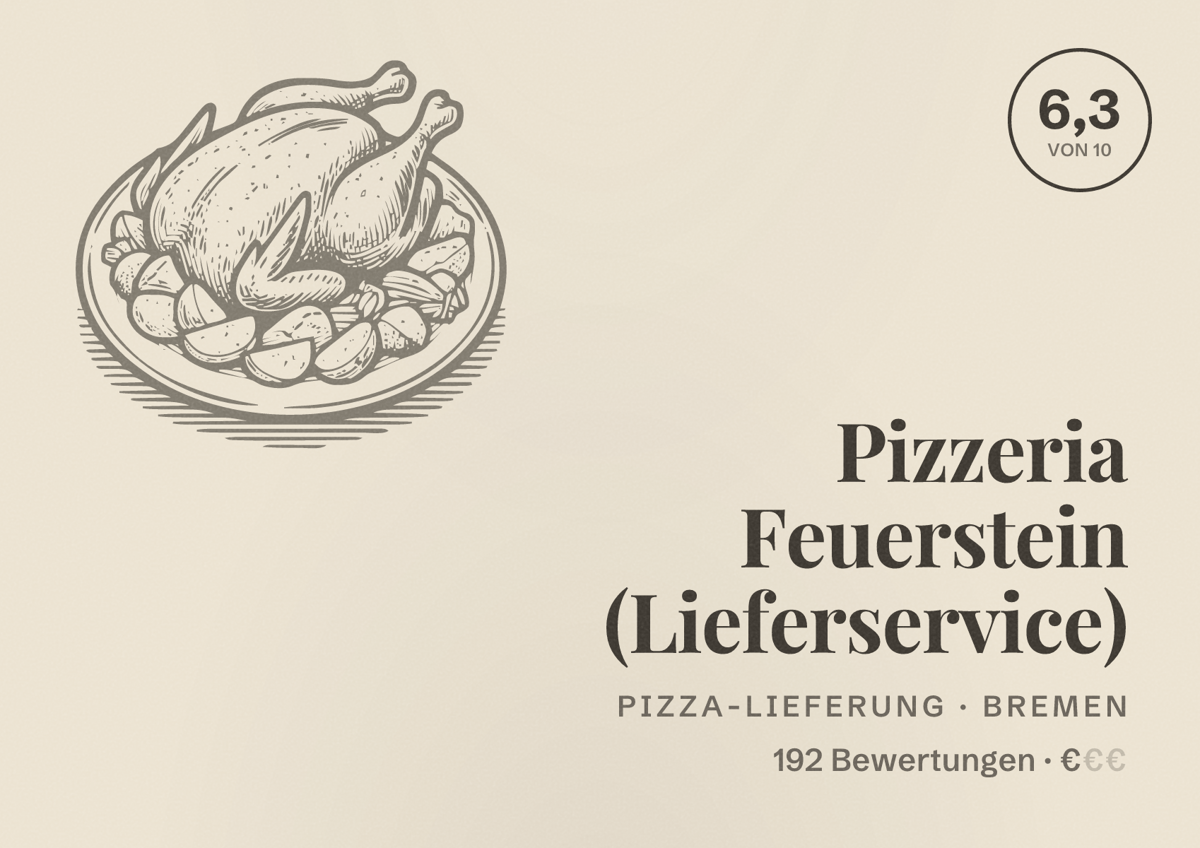 Illustriertes Poster von Pizzeria Feuerstein (Lieferservice), Pizza-Lieferung in Bremen: Bewertung 6,3 von 10 aus 192 Bewertungen, Preisniveau €