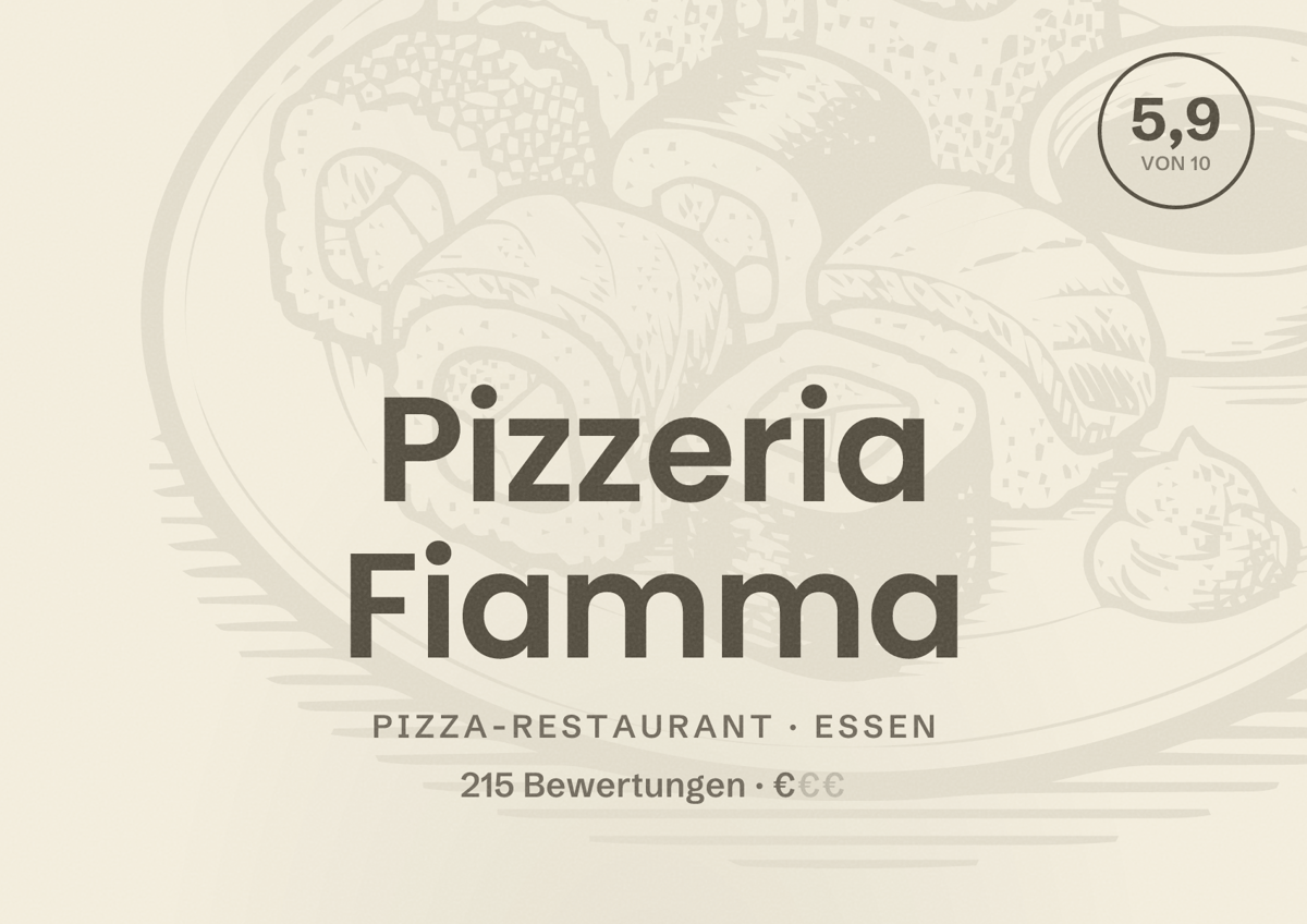 Illustriertes Poster von Pizzeria Fiamma, Pizza-Restaurant in Essen: Bewertung 5,9 von 10 aus 215 Bewertungen, Preisniveau €