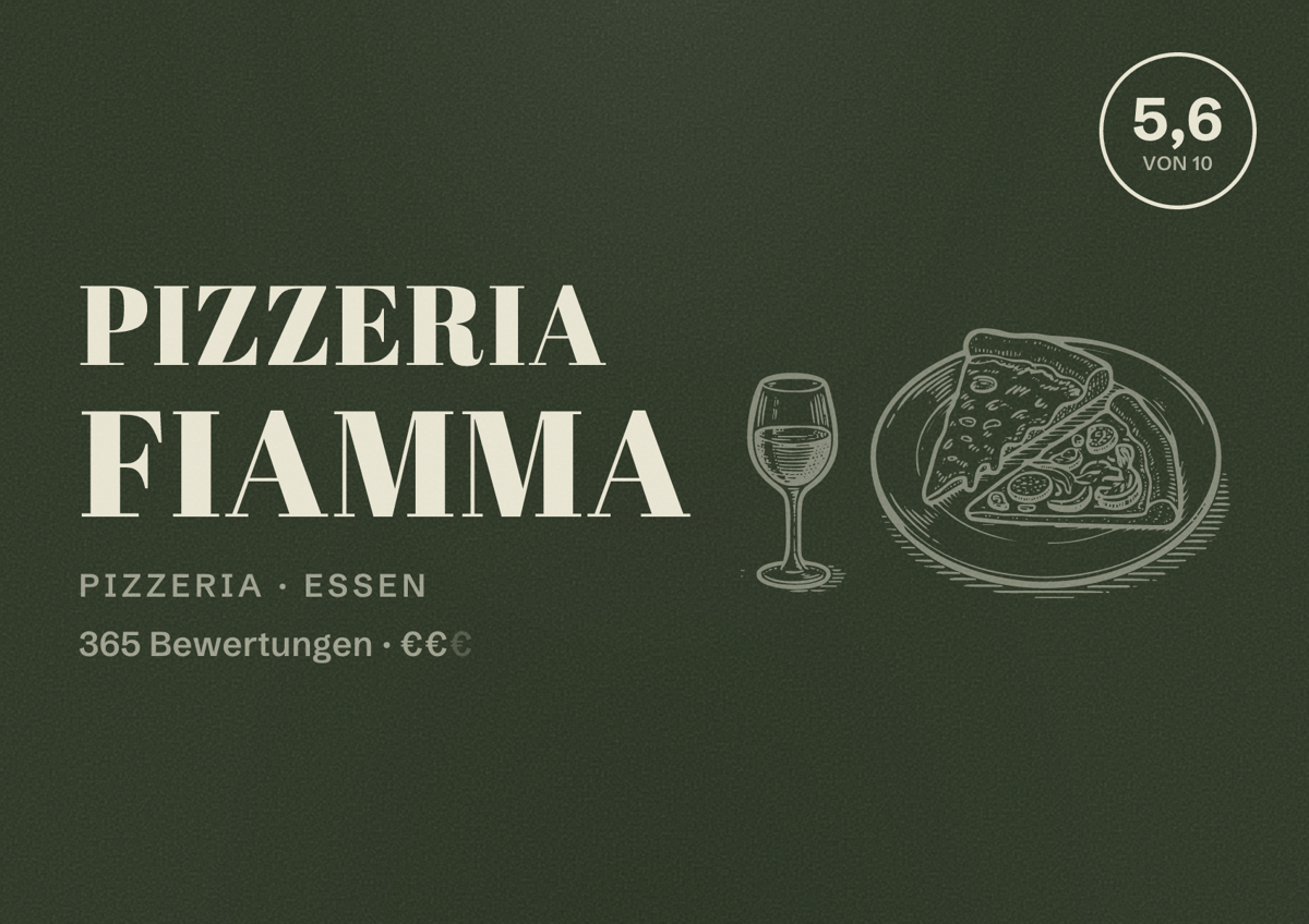 Illustriertes Poster von Pizzeria Fiamma, Pizzeria in Essen: Bewertung 5,6 von 10 aus 365 Bewertungen, Preisniveau €€