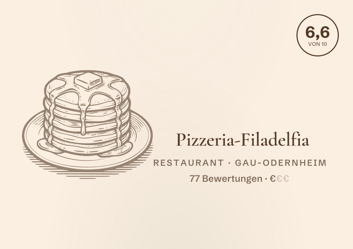 Illustriertes Poster von Pizzeria-Filadelfia, Restaurant in Gau-Odernheim: Bewertung 6,6 von 10 aus 77 Bewertungen, Preisniveau €