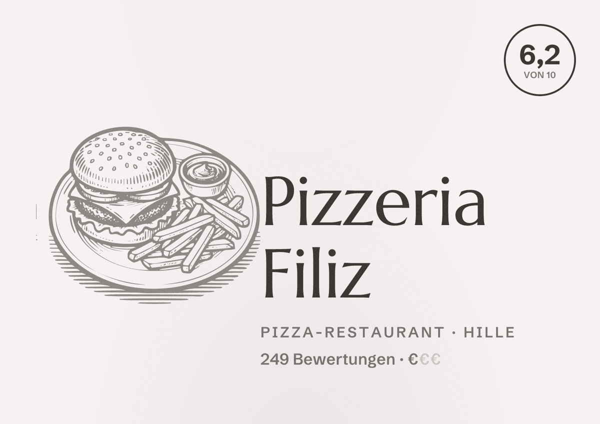 Illustriertes Poster von Pizzeria Filiz, Pizza-Restaurant in Hille: Bewertung 6,2 von 10 aus 249 Bewertungen, Preisniveau €