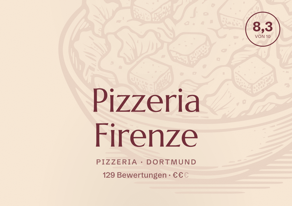 Illustriertes Poster von Pizzeria Firenze, Pizzeria in Dortmund: Bewertung 8,3 von 10 aus 129 Bewertungen, Preisniveau €€