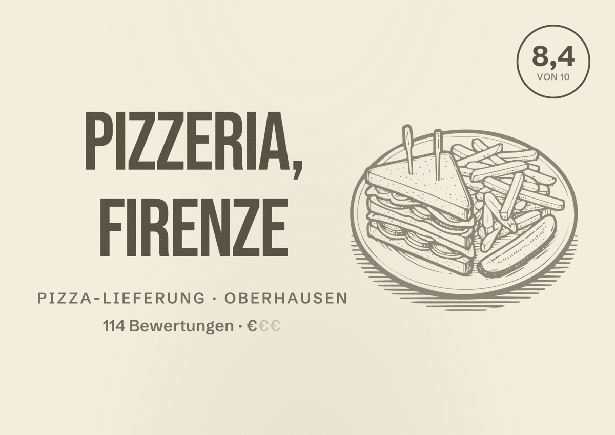 Illustriertes Poster von Pizzeria, Firenze, Pizza-Lieferung in Oberhausen: Bewertung 8,4 von 10 aus 114 Bewertungen, Preisniveau €