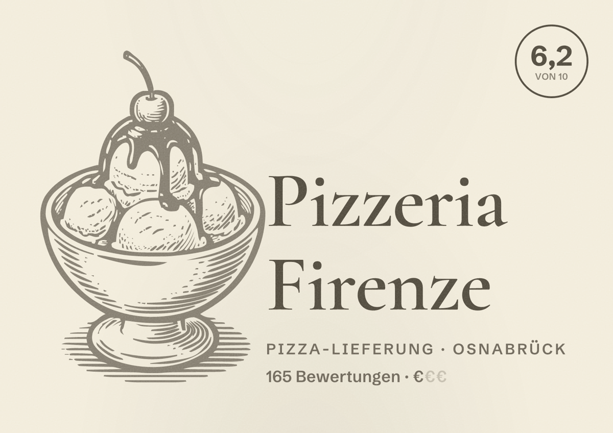 Illustriertes Poster von Pizzeria Firenze, Pizza-Lieferung in Osnabrück: Bewertung 6,2 von 10 aus 165 Bewertungen, Preisniveau €