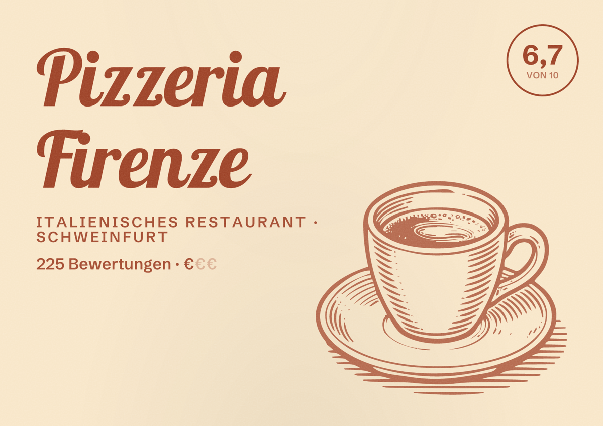 Illustriertes Poster von Pizzeria Firenze, Italienisches Restaurant in Schweinfurt: Bewertung 6,7 von 10 aus 225 Bewertungen, Preisniveau €