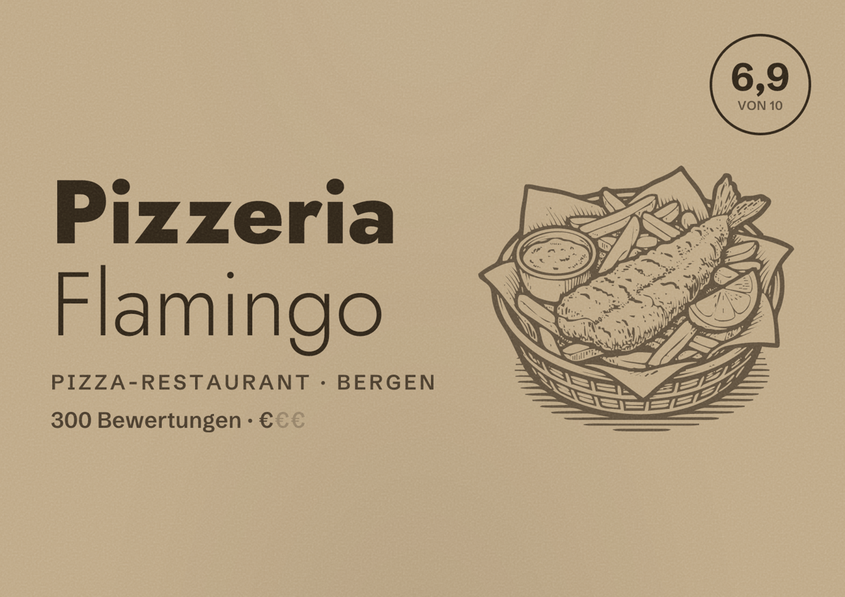 Illustriertes Poster von Pizzeria Flamingo, Pizza-Restaurant in Bergen: Bewertung 6,9 von 10 aus 300 Bewertungen, Preisniveau €