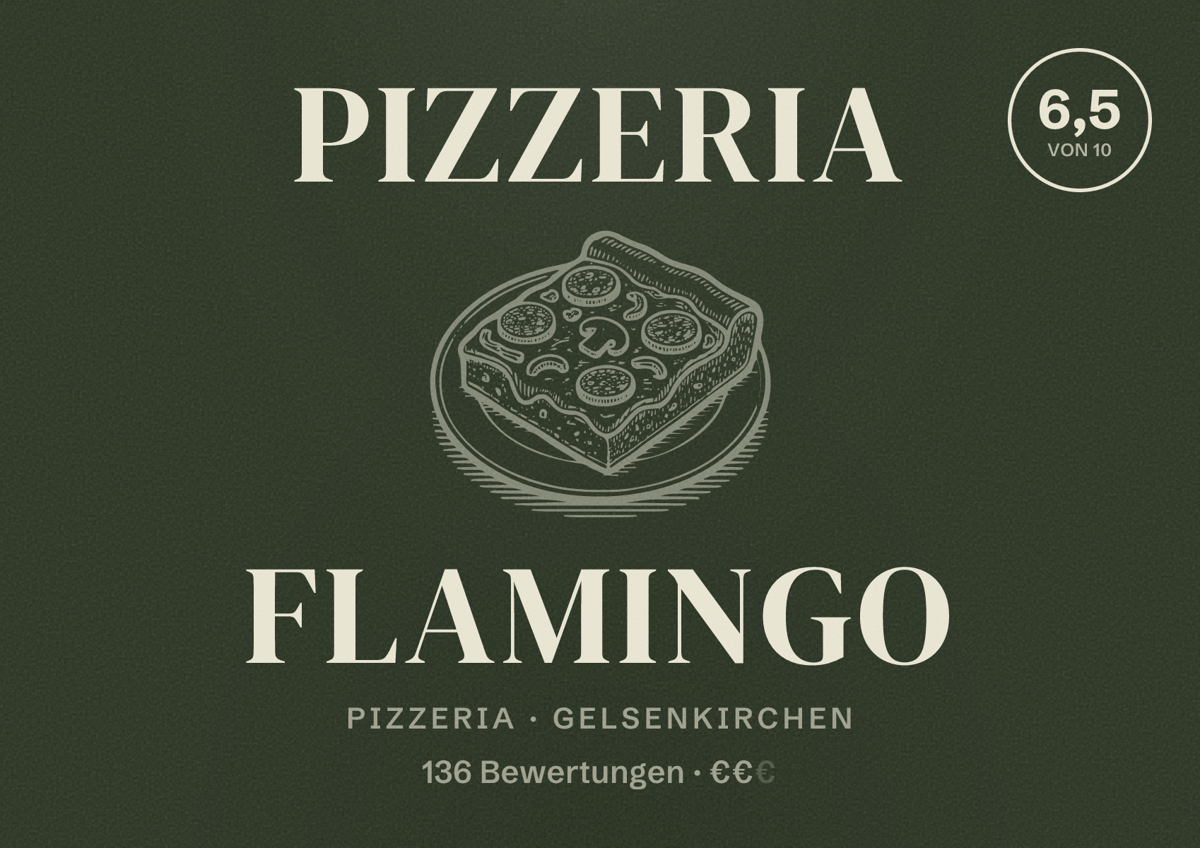 Illustriertes Poster von Pizzeria Flamingo, Pizzeria in Gelsenkirchen: Bewertung 6,5 von 10 aus 136 Bewertungen, Preisniveau €€
