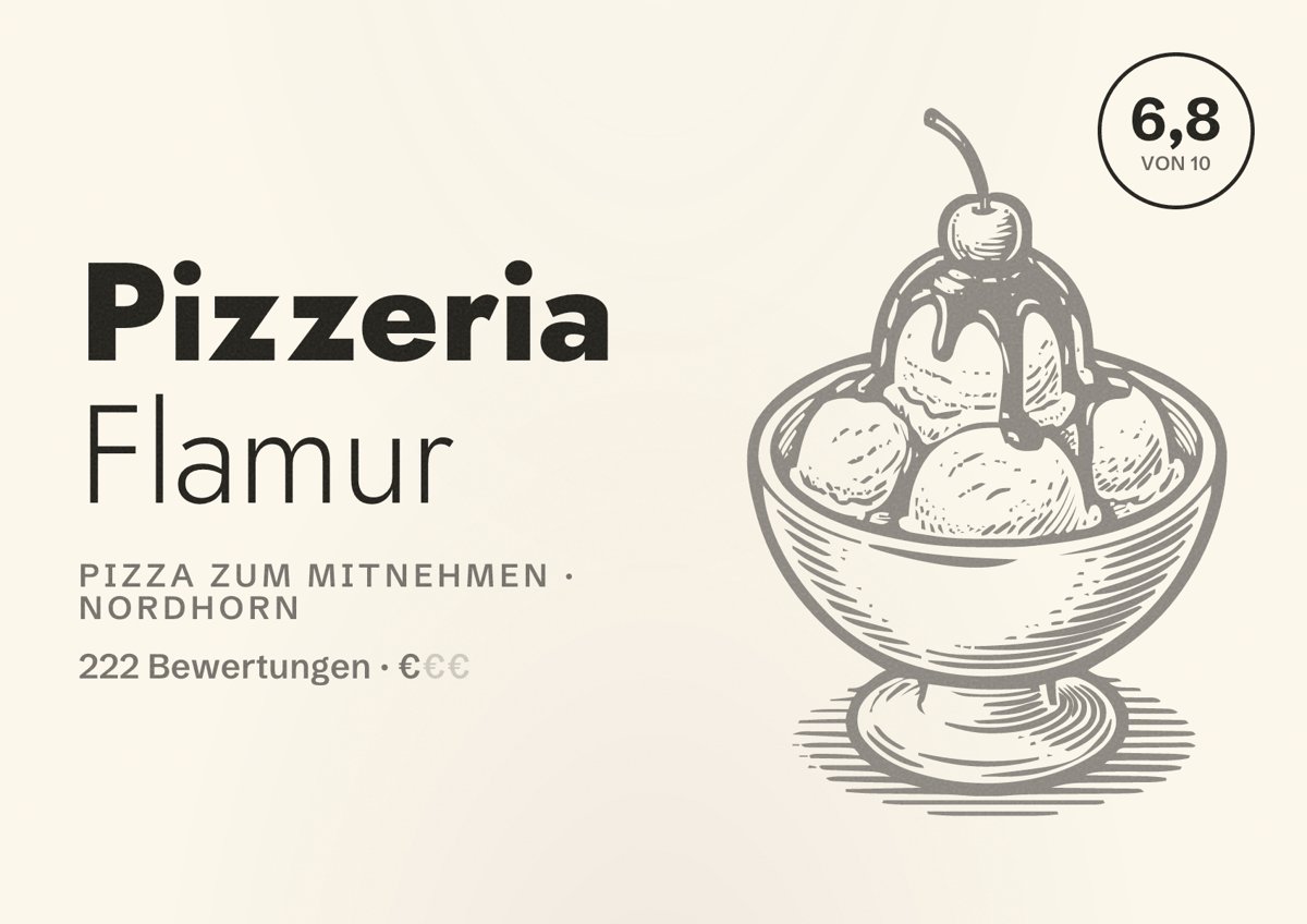 Illustriertes Poster von Pizzeria Flamur, Pizza zum Mitnehmen in Nordhorn: Bewertung 6,8 von 10 aus 222 Bewertungen, Preisniveau €