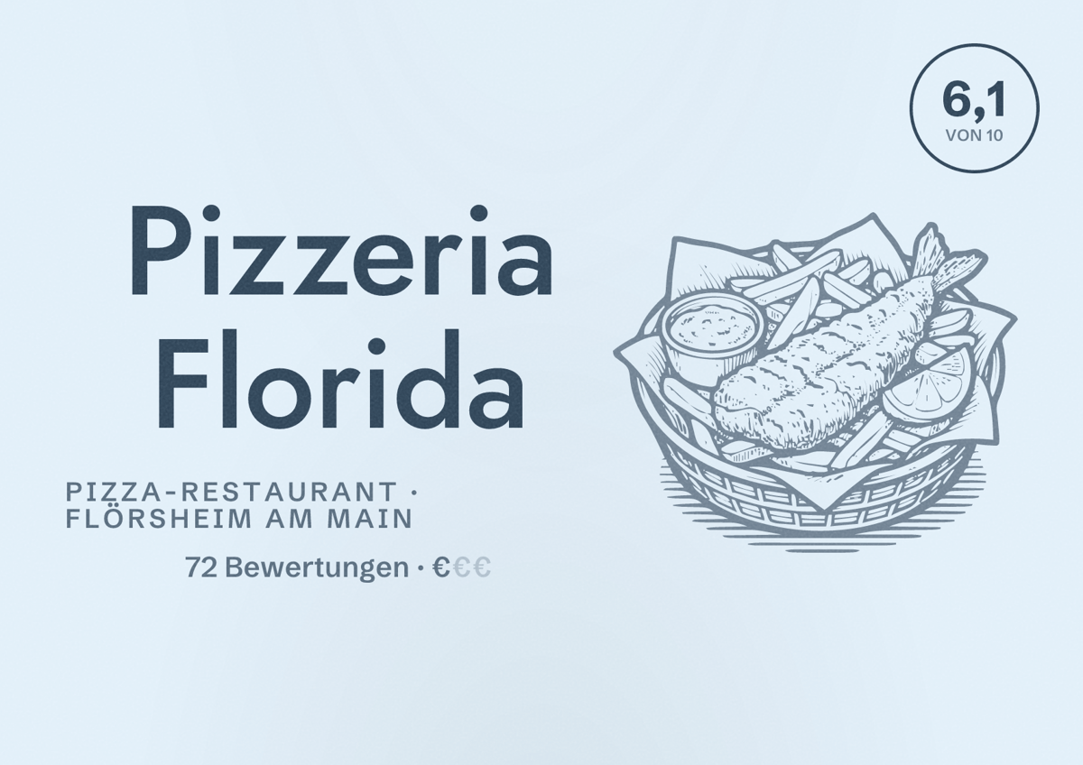 Illustriertes Poster von Pizzeria Florida, Pizza-Restaurant in Flörsheim am Main: Bewertung 6,1 von 10 aus 72 Bewertungen, Preisniveau €