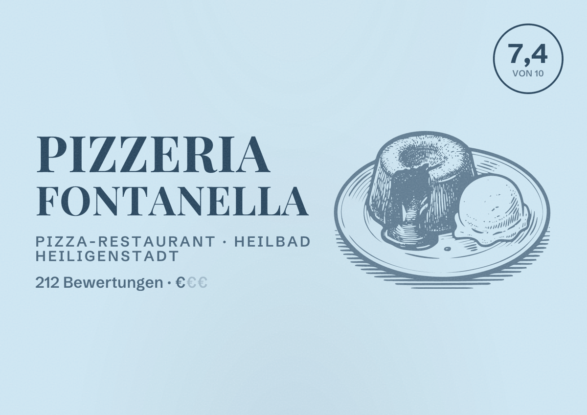Illustriertes Poster von Pizzeria Fontanella, Pizza-Restaurant in Heilbad Heiligenstadt: Bewertung 7,4 von 10 aus 212 Bewertungen, Preisniveau €